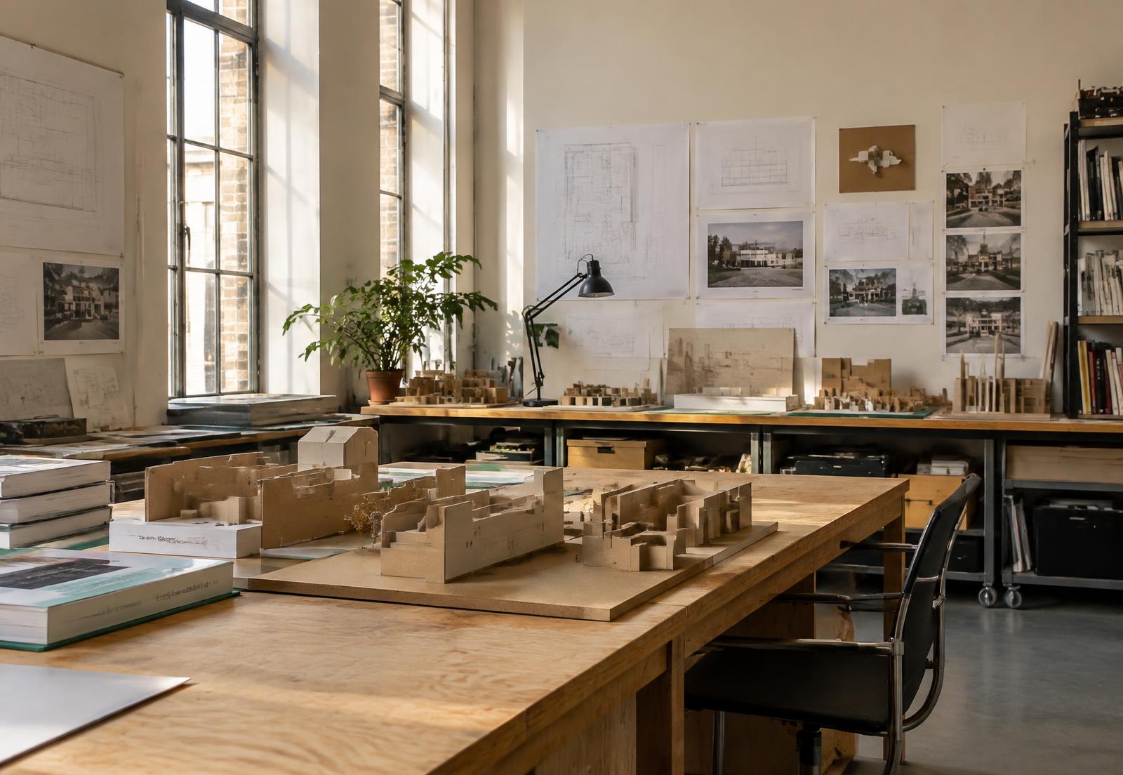 Studio workspace with cardboard massing models and drawings pinned to the wall
